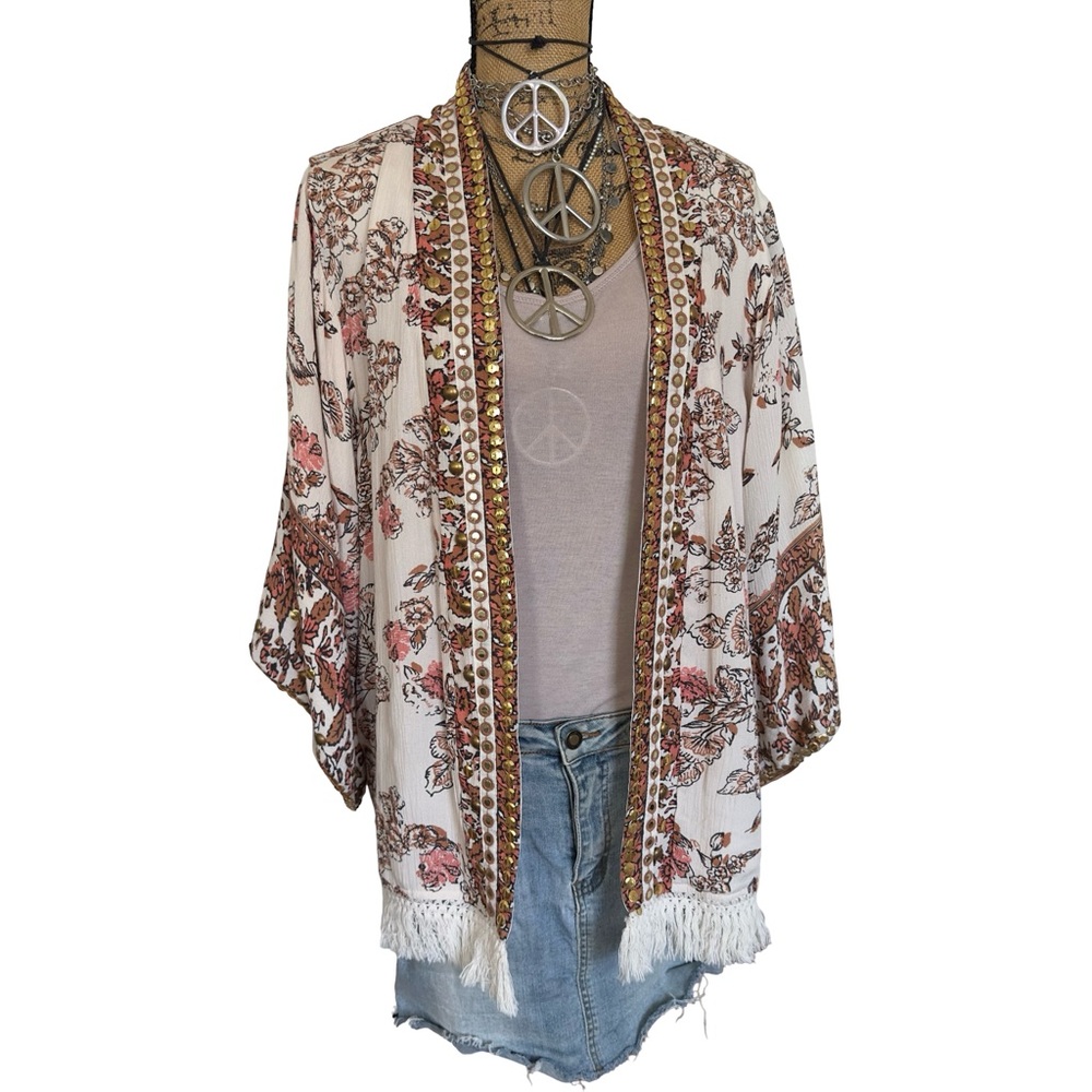 Tribal Rays Of Light Duster Embellished Floral Kimono Cardigan Fringe S/M - Picture 12 of 14